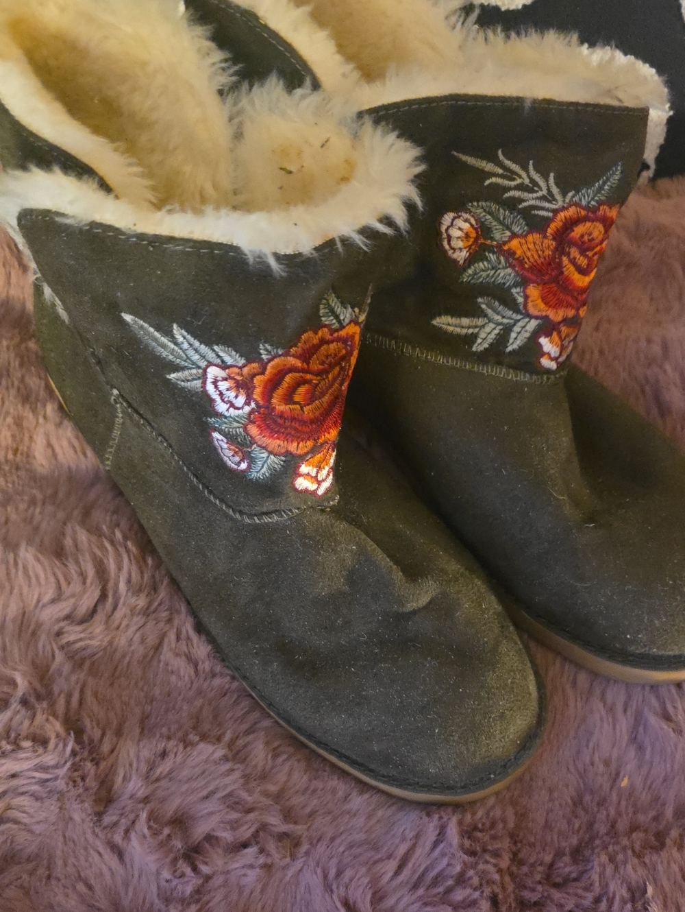 Rock & Candy Olive Faux-Suede Ankle Boots with Rose Embroidery and Faux Fur 10